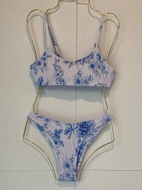 NWOT Volafa Blue & White Floral Smocked Bikini Set Size S